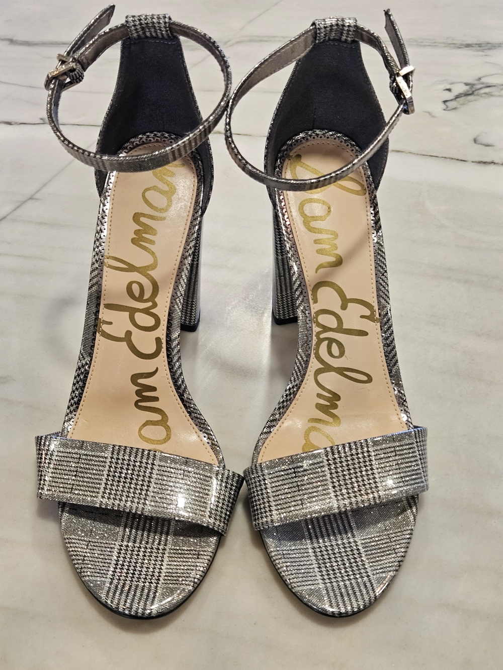 NWT Sam Edelman Yaro Block Heel Sandals Plaid Pewter Silver Shimmer Size 9.5